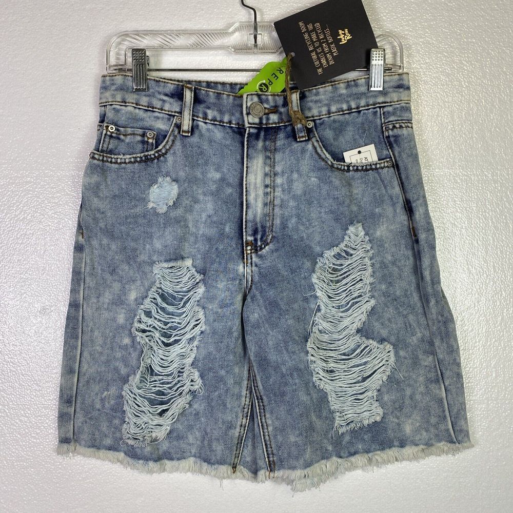 New Indigo Rein Shorts Womens 5 Denim Super High Rise distressed holes Raw hem